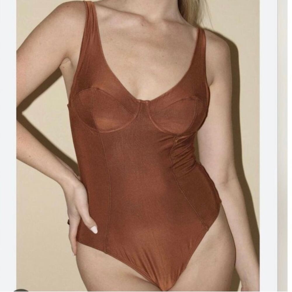 We are HAH NWT Eyes on Top Brown Slinky Underwire Bodysuit XS